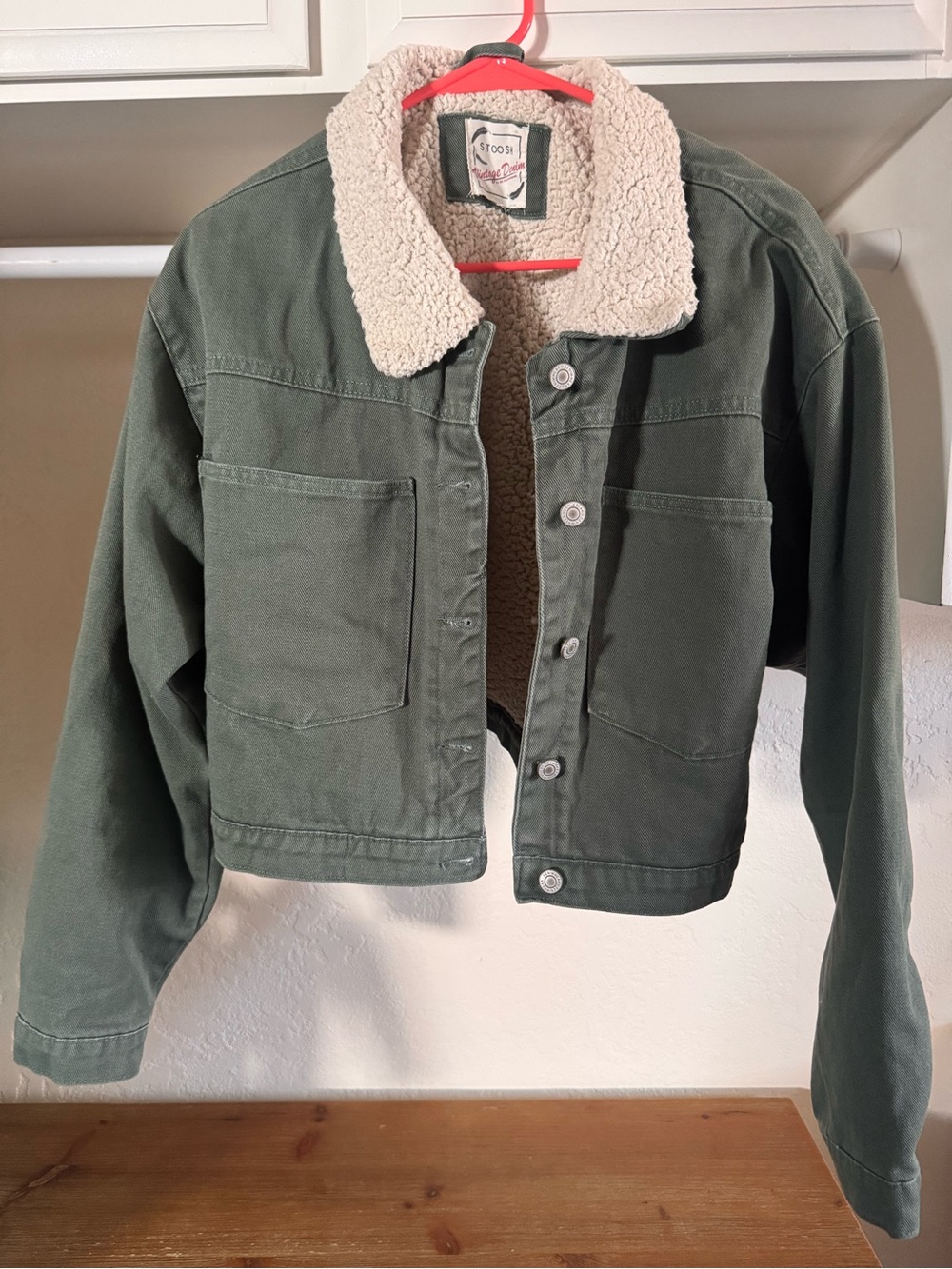 Stoosh Olive Green Denim Crop Jacket with Cream Sherpa Collar